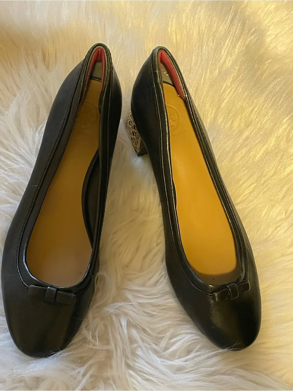 Tory Burch Elegant Classic Black Leather Block Heel Pumps with Decorative Heel